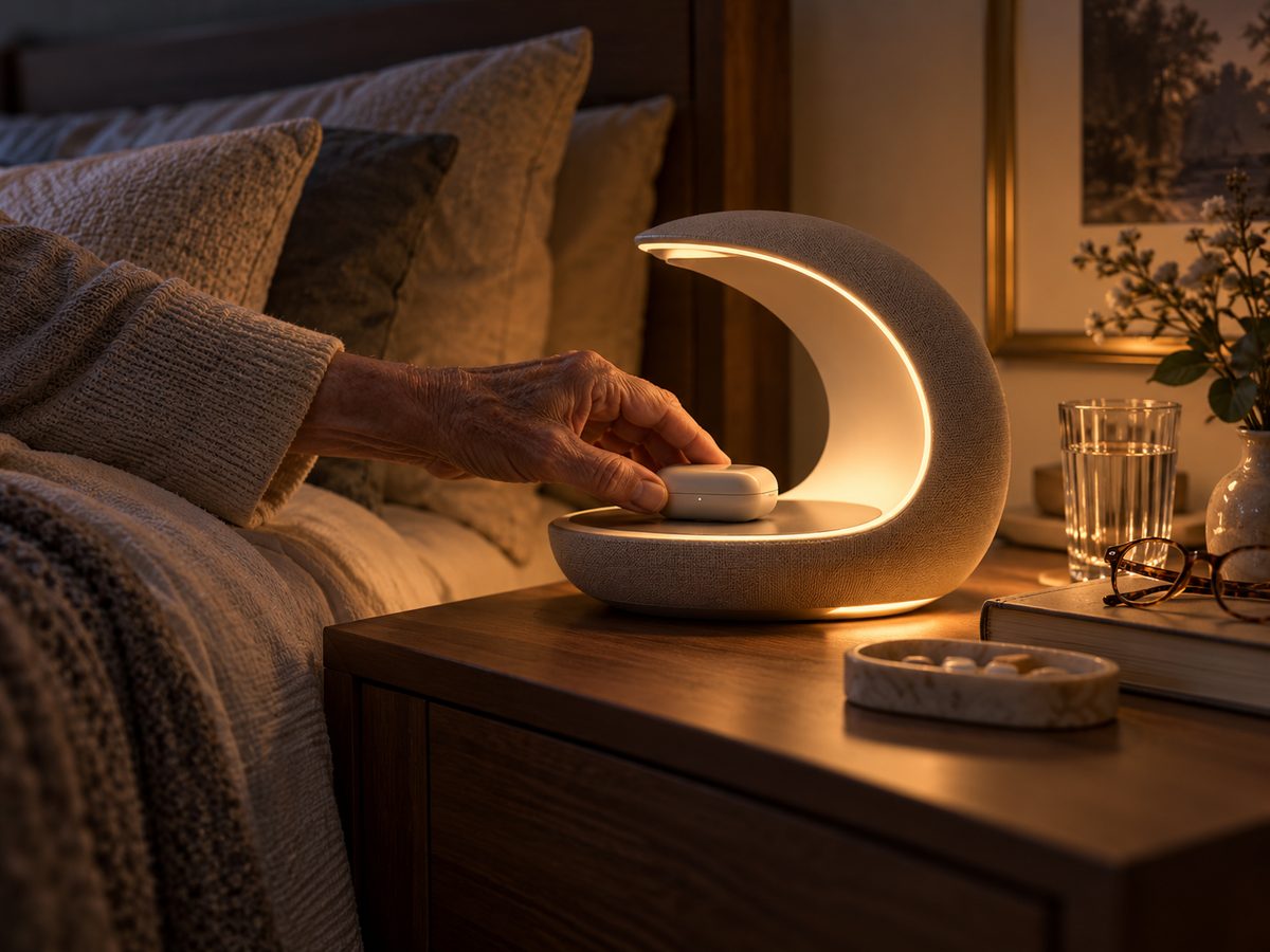 Hand die een slimme nachtlamp op een nachtkastje bedient