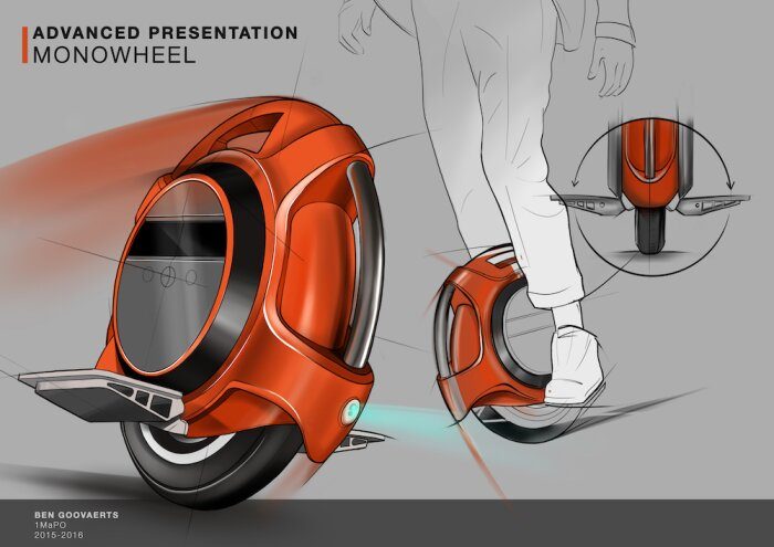 Digitale conceptschets van een oranje elektrische eenwieler